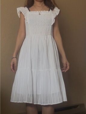 White Smocked Midi Dress with Ruffle Sleeves-XS